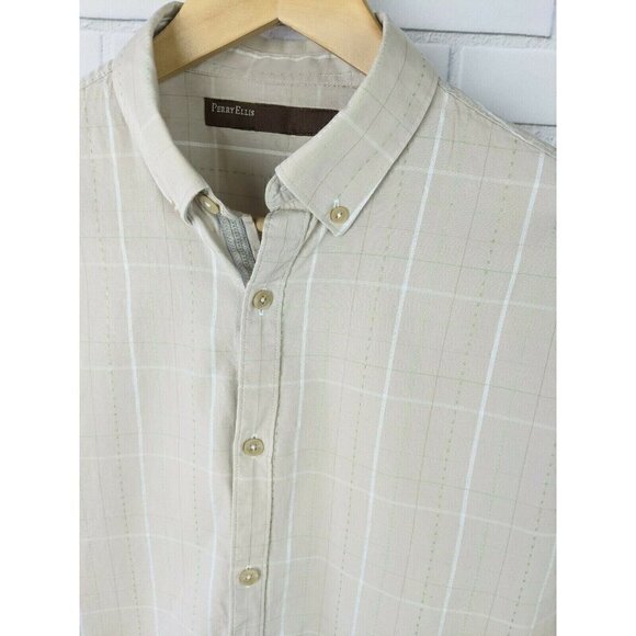 Perry Ellis Tan Plaid Button Down Short Sleeve Shirt Tan brown Men's Medium - Picture 2 of 12